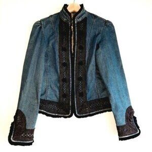 BANDOLERA \ NWOT Black Lace Applique Jean Jacket Blue Sz S